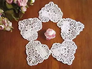FIVE Chic Hand Crochet Heart Shape Cotton Doily White 4" - Picture 1 of 5