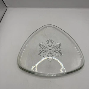 Snowflake Glass Snack Tray Triangle Clear Plate with Cup Holder - Picture 1 of 3