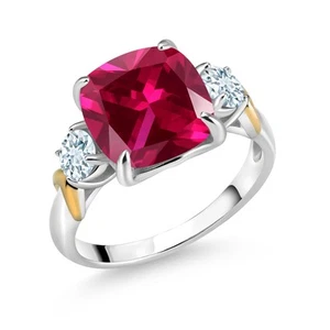 925 Silver and 10K Yellow Gold Created Ruby and Aquamarine 3 Stone Ring For - Picture 1 of 3
