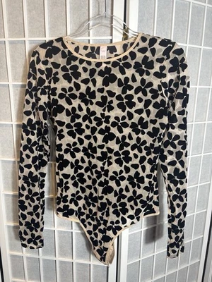 Victorias Secret NWT  Beige Sheer Black Velvet Floral Thong Bodysuit LARGE - Image 1 of 4