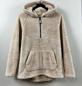 PINK VICTORIAS SECRET Beige Half Zip Teddy Bear Sherpa Pullover Hoodie Size S - Picture 1 of 3