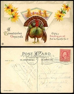 A Thanksgiving Greeting Turkey Bird 1918 Old Embossed Postcard Haystacks Flowers - Picture 1 of 1