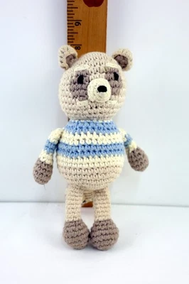 "Oso tejido Pottery Barn bebé finlandés + peluche Emma pequeño 8"" ganchillo a rayas azules" Foto 1 de 4