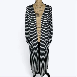 LuLaRoe Sarah Long Duster Cardigan Sz XL Gray White Stripe Pockets Cozy Boho - Picture 1 of 11