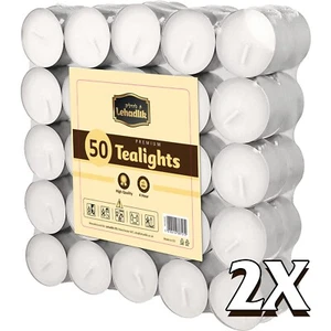 2X Lehadlik 50 Smokeless Unscented White Tealight Paraffin Wax Candle 4 Hr Burn - Picture 1 of 4