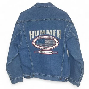 VTG Hummer Denim Jacket Men's SZ S Embroidered Biker Born in the USA AM General - Picture 1 of 11