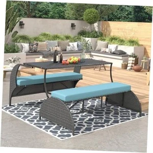 Outdoor Rattan Loveseat, Patio Conversation Sets, Convertible Four seats Blue - Picture 1 of 8