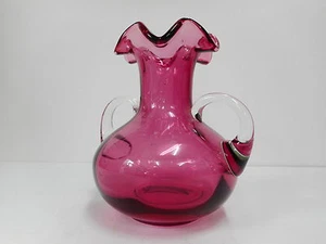 VINTAGE CRANBERRY GLASS VASE WITH APPLIED HANDLES & RUFFLED RIM - Picture 1 of 4