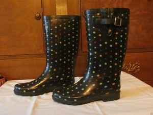 Women Water Mudd Rain Boots MERONA Size 6 MultiColor Spotted Belt BLACK  - Picture 1 of 7