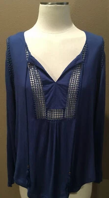Blusa Top Joseph A. M Azul Arrugado Manga Larga con Encaje Foto 1 de 4