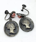 Vintage Dangle Roman/Greek Revival Dangle Silver Tone Faux Coin Earrings