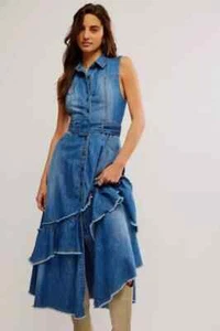 NEW Free People Beau Belted Asymmetric Hem Sleeveless Denim Shirtdress Women's S - Picture 1 of 17