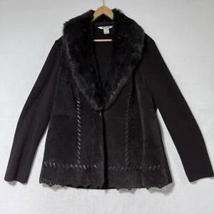 Damen Leder & Strick Jacke mit abnehmbarem Kaninchenfellkragen plus 0X Luxus Boho - Bild 1 von 14