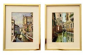 Pair Original Watercolor Venice Paintings Framed Matted Gondola Canal Italy - Picture 1 of 9