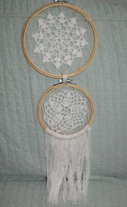 Double Crocheted Doily Wall Hanging Dreamcatcher White 6 & 8" Handmade Fast Ship - Picture 1 of 5