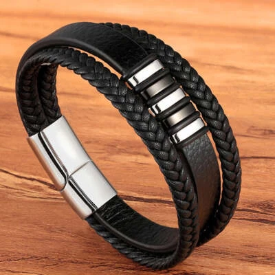Pulsera de cuero magnética con dije de acero inoxidable de moda para hombre Foto 1 de 4