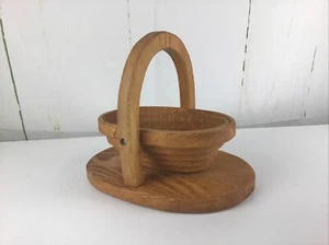 Vintage MCM Folding Collapsible Wooden Bowl Basket w/Handle 10"x 7" Base - Picture 1 of 14
