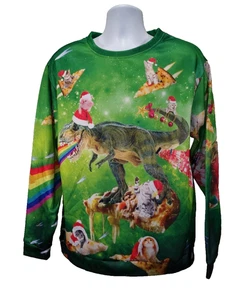Ugly Sweater Mens size L Dinosaur Christmas with Pizza Cats Green & Rainbows - Picture 1 of 18