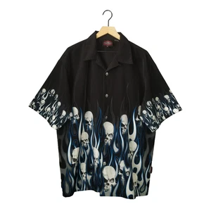 DRAGONFLY Roadhouse Shirt Black Blue Fire Flames Skull Mega Print Mens NEW XL - Picture 1 of 13