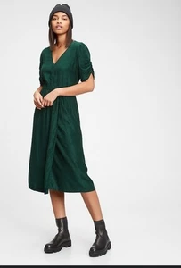 GAP Green Corduroy Wrap-Front Midi Dress Size Small V Neck Drapey 3/4 Sleeves - Picture 1 of 6