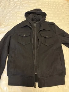 Guess Jacket Men’s Wool Blend Full Zip Black Removable Hood Quilt Lined Coat Med - Picture 1 of 12