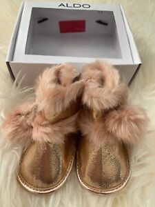 ALDO Baby Girl Pink Shoes Size 3 Slip On Booties 6-9 Months Peachy Gold Pom Pom