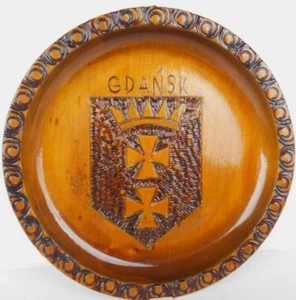 Polish 1977 Handmade Wooden 6" Plate Embossed With Flag Gdansk Northern Poland - Picture 1 of 5