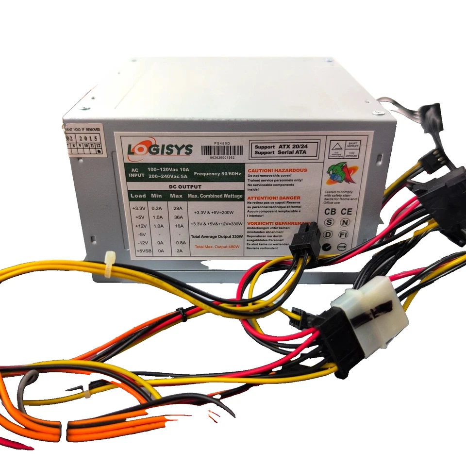 New Opened Box Logisys PS480D-BK 480W 20/24 ATX Power Supply SATA Support - Image 1 of 1