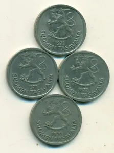 4 DIFFERENT 1 MARKKA COINS from FINLAND (1970, 1971, 1972 & 1973) - Picture 1 of 2
