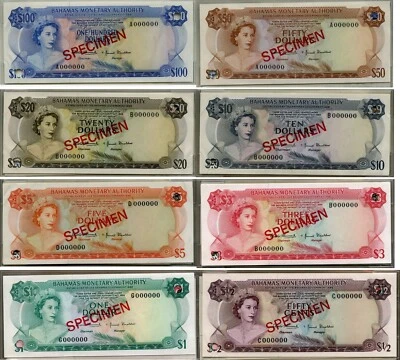 🎀Bahamas  1969 (Act of 1968)  Presentation Set of Specimen Note(Total: 8 notes) - Image 1 of 4