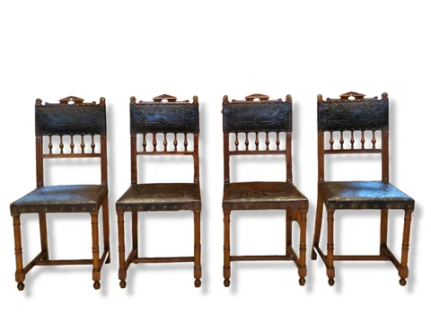 Set of 4 English Art Nouveau highly Decorated Leather Embossed Oak Chairs c.1900 Cover