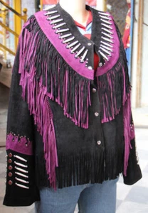 Damen Kuh Dame Schweden Leder Jacke alt rosa Fransen und Knochen Mantel - Bild 1 von 5