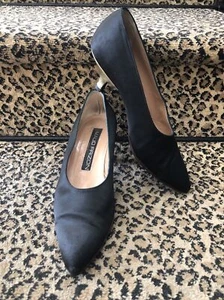 Maud Frizon vintage black silk satin high cut gold leather kitten heel pump 6.5 - Picture 1 of 12