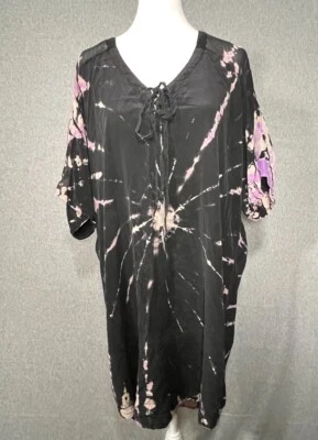 Gypsy 05 Tie Die Silk Dress Large Short Sleeve Black Purple Starburst - Image 1 of 4