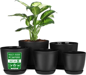 Black Plant Pots with Drainage Holes - Set of 5 for Indoor/Outdoor Use - Picture 1 of 19