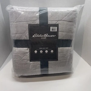 Eddie Bauer Boulder Plaid Grey 3-Piece Cotton King Quilt/Sham Set, NEW - Picture 1 of 4