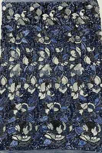 Orchid Flower Design - Navy Blue 4 Way Stretch Full Sequins Mesh Fabric by Yard - Picture 1 of 5