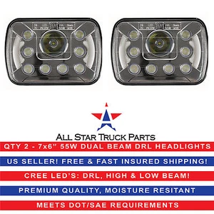 Pair 7x6" 5x7 inch CREE Replace H6054 H6014 LED Headlights DRL High/Low Beam 55W - Picture 1 of 9