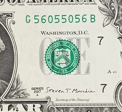 G56055056B $1 Fancy Serial Number 56 55 56 One Dollar Bill 2017A - Image 1 of 3