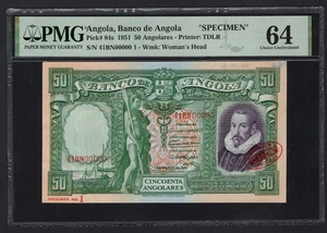 Angola 50 Angolares 1951 P84s "Specimen N.1" Uncirculated Grade 64 - Picture 1 of 2