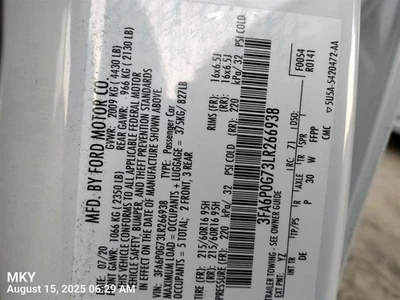 WHT LEFT FENDER HS7Z16006A 2017-2020 FORD FUSION - Image 1 of 4