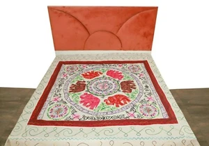 BEDSPREAD WITH AARI WORK WHITE/RED SIZE: 90" X 108" - Picture 1 of 4