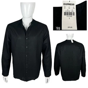 Express Mens Large Shirt Linen Cotton Blend Black Long Sleeve No Collar Band NWT - Picture 1 of 9