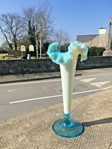 ANTIQUE 19TH C VICTORIAN BLUE MILK VASELINE GLASS OPALESCENT RUFFLED BUD VASE - Picture 1 of 12