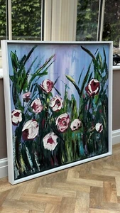 Framed Original Abstract Oil Painting On Canvas 80x80cm Summer Roses Textured - Picture 1 of 24