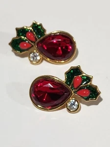 Vintage Avon Red Rhinestone Holly Berries PIERCED Earrings Mistletoe Christmas - Picture 1 of 3