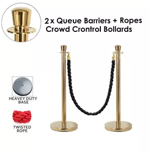 2x Queue Barriers + 1 Twisted Ropes Crowd Control Bollards(GOLD POLE+BLACK ROPE) - Picture 1 of 11