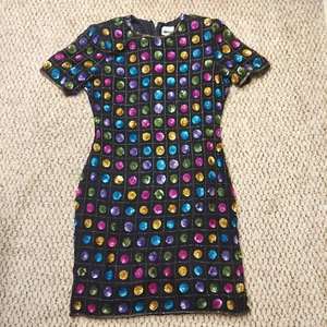 Leslie Faye Vintage Perlen Pailletten Seide Partykleid Größe 14 schwarz bunt gepunktet - Bild 1 von 14