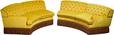 Vintage Hollywood Glam Semi-Circle Yellow Red Velour Curved Sofa Set - 2 Pieces Cover