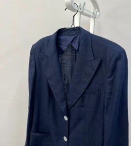 Max Mara 100% Puro Lino Peak Lapel Blazer Jacket Navy Blue Women's GB 16 USA 14 - Picture 1 of 10